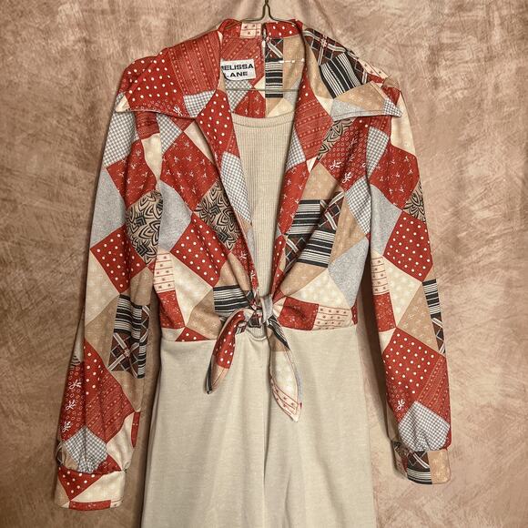 Vintage 70s Melissa Lane Patchwork Jumpsuit High Waist Tie Front Long Sleeve Mod - Picture 3 of 8